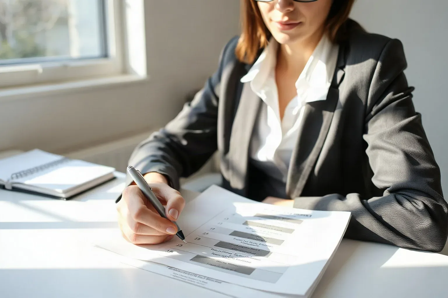 A seated analyst in business casual at a focused desk writing a numbered list in the blank margin of a printed tiered funnel diagram with a pen, natural window light illuminating the handwritten entries clearly