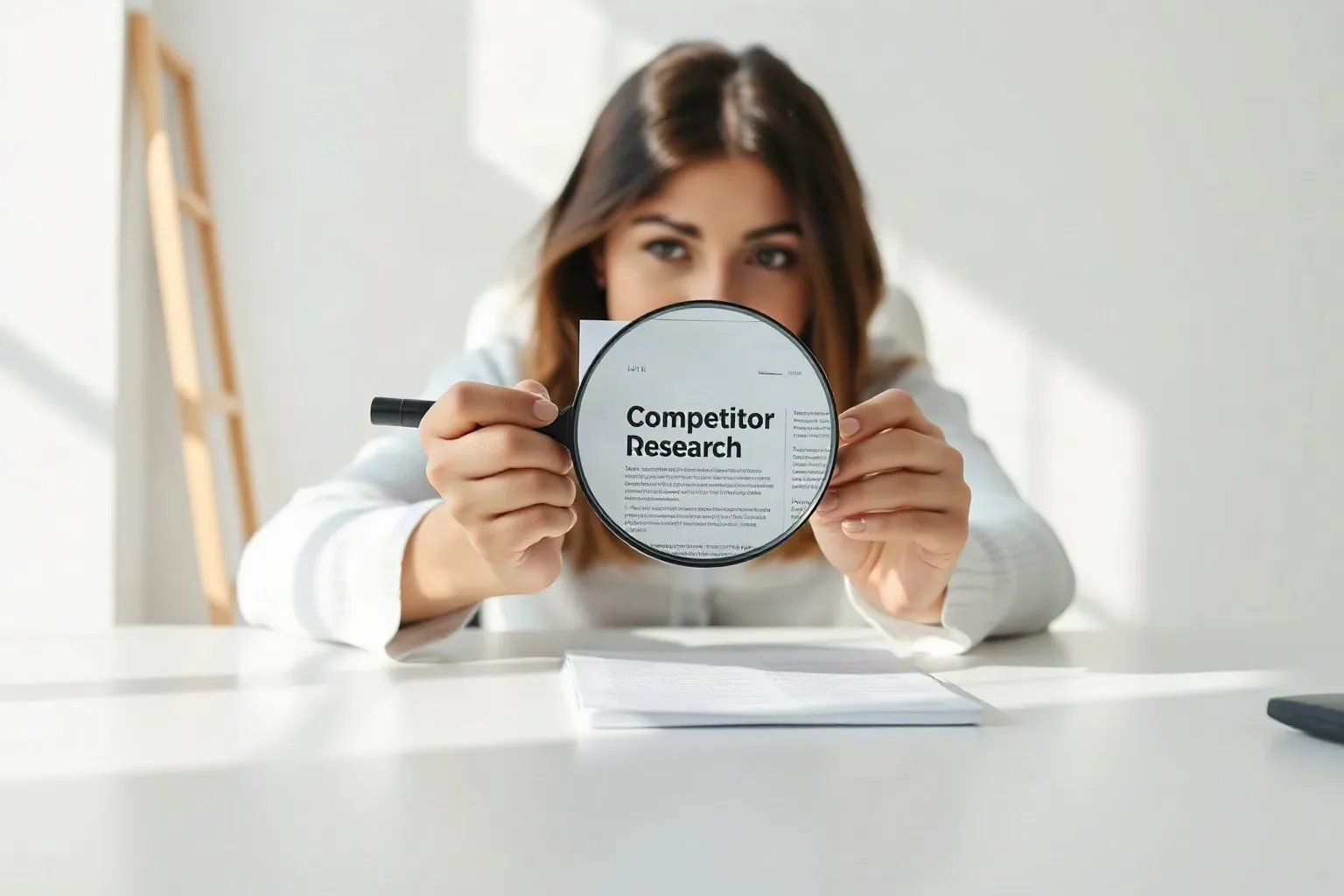 A person holds a magnifying glass over a printed document headed 'Competitor Research' while peering over it at a white desk