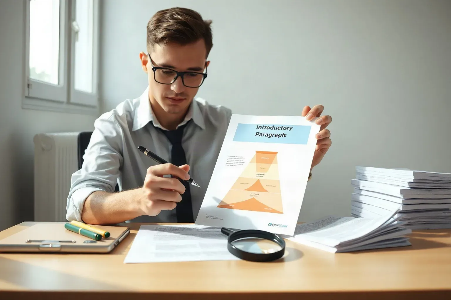 A seated professional in business casual at a single desk using a pen to draw a box around the introductory paragraph on a printed tiered funnel diagram, a magnifying glass resting on a stack of keyword research printouts just to the right of the active document
