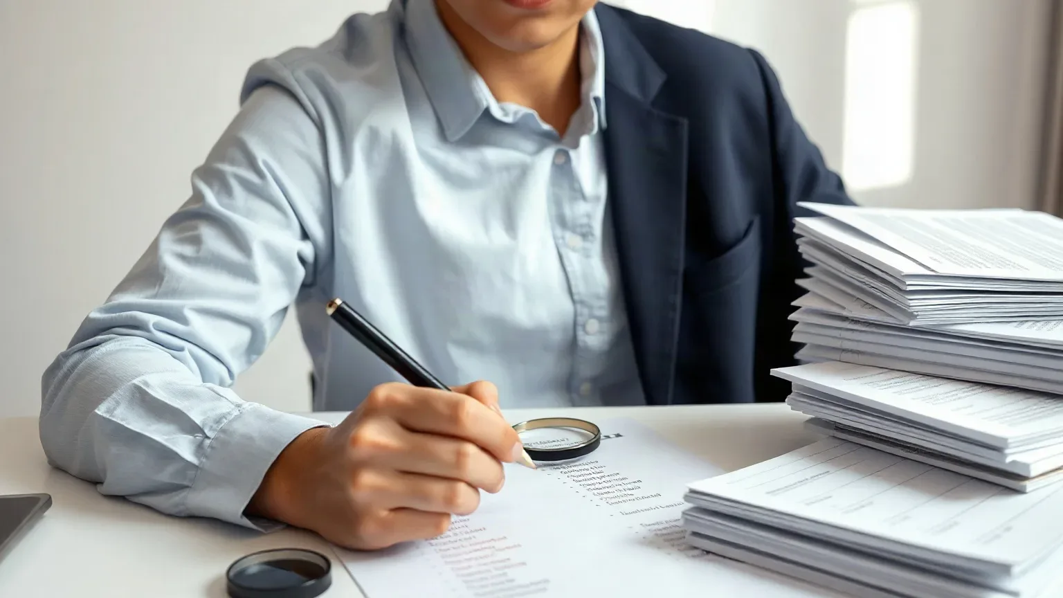 A person in a light blue shirt and dark blazer uses a magnifying glass and pen to examine printed documents at a desk stacked with papers