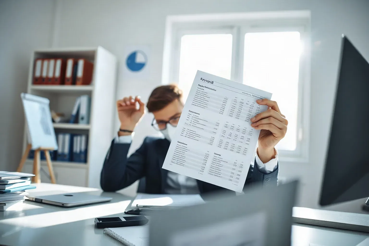 A person in a suit sits at a desk holding up a printed document covered in tabular data, with bookshelves of ring binders visible behind them