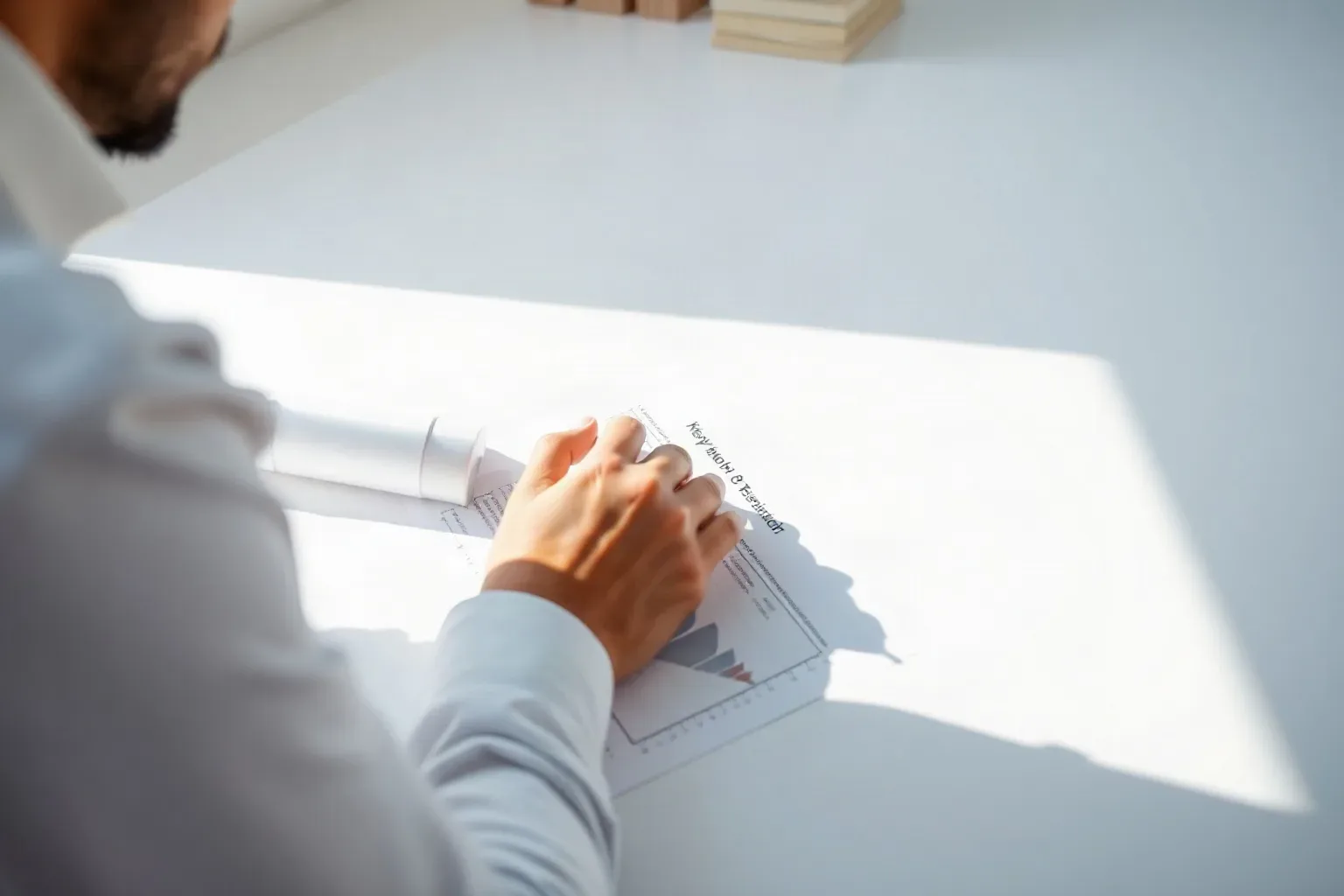 A person in a white shirt unrolls a printed document featuring a bar chart on a bright white desk