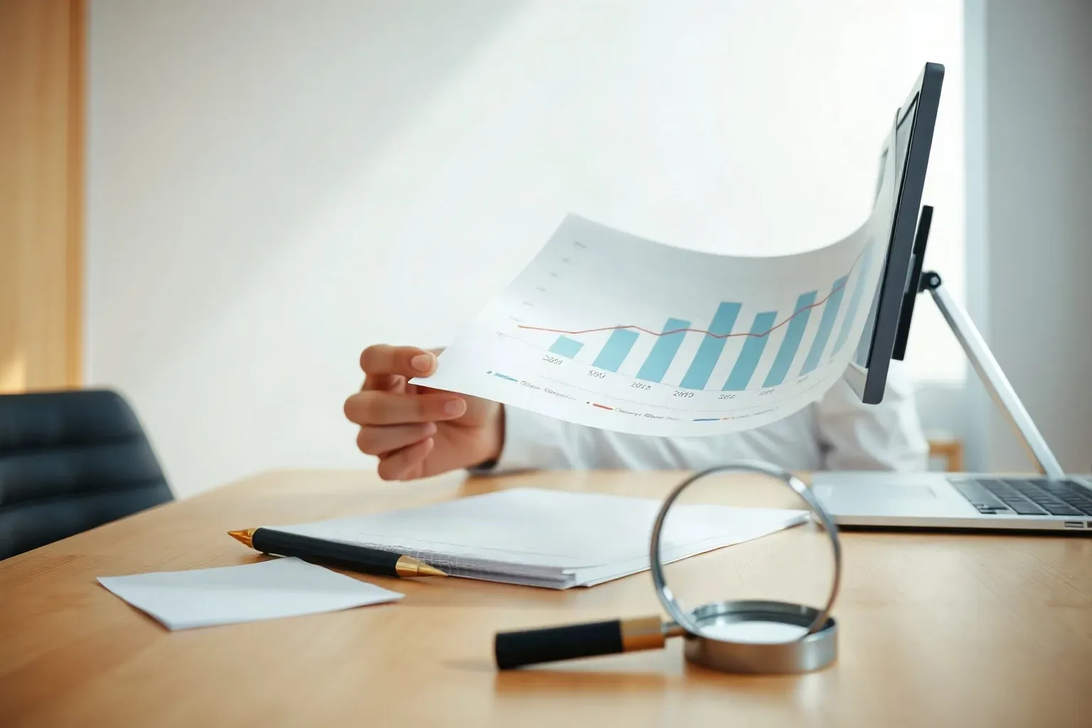A business-casual professional at a focused desk rotating a printed bar and line graph showing upward traffic trends ninety degrees to read a sideways annotation, a magnifying glass resting at the far corner of the desk