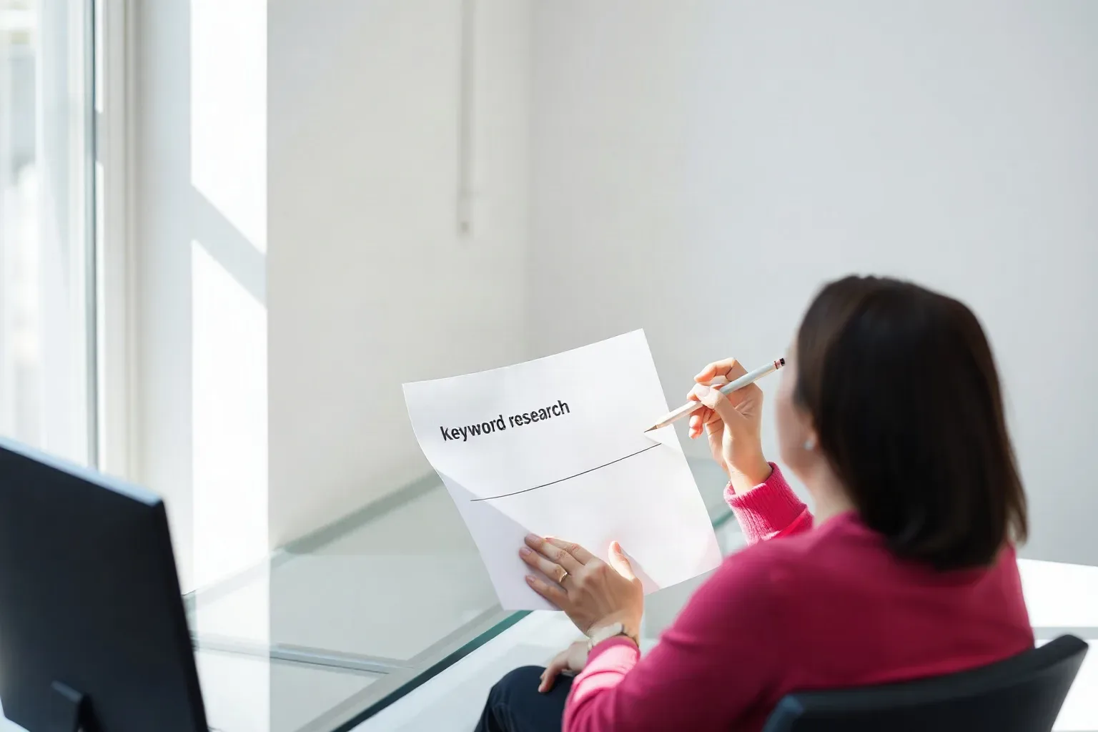 A person in a pink top sits at a desk holding printed papers labelled 'keyword research' and pointing to them with a pencil