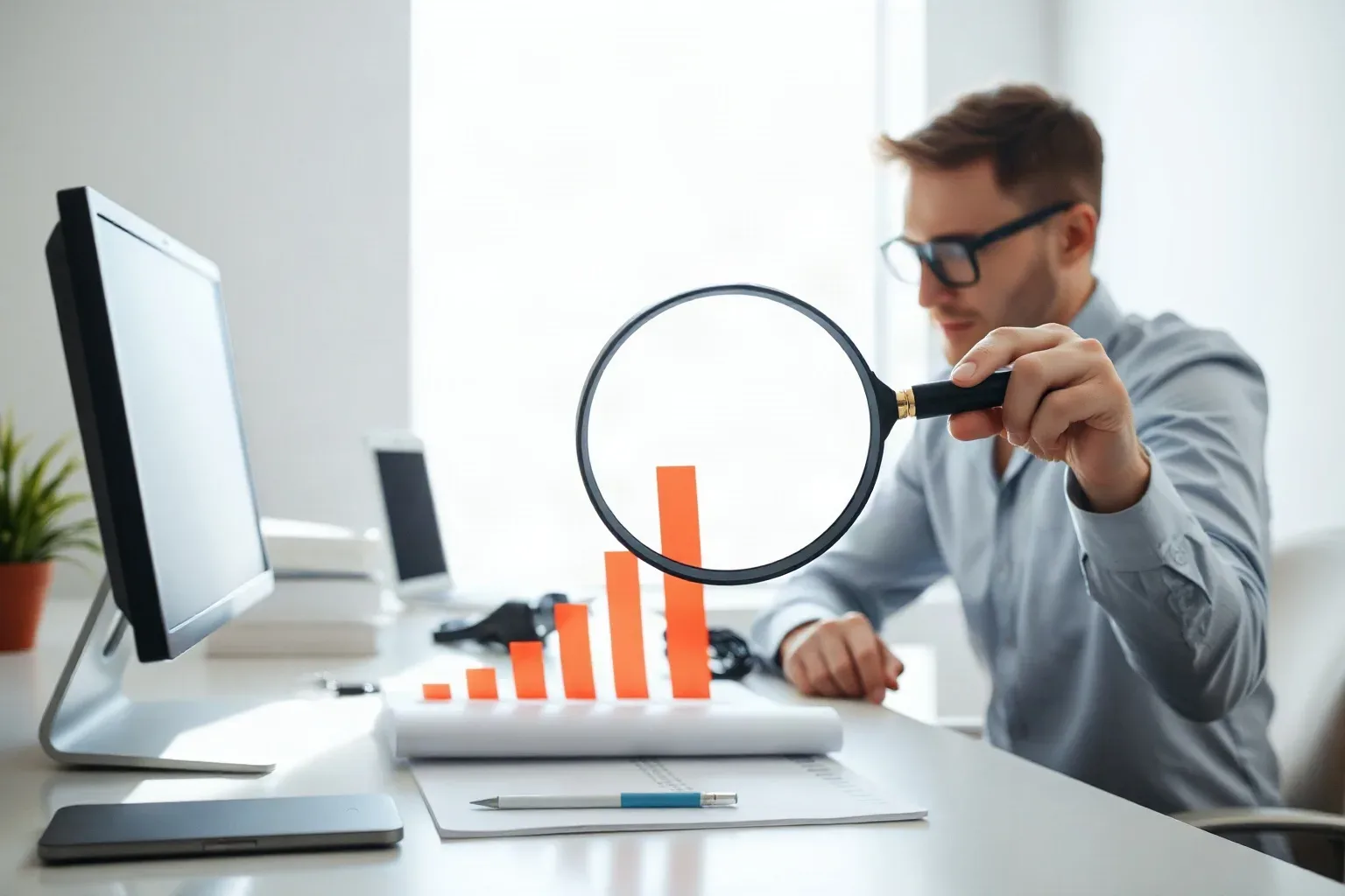 A marketing analyst at a focused desk laying a magnifying glass across a printed bar and line graph showing upward traffic trends so that the lens hovers directly over the tallest bar, reviewing that segment closely