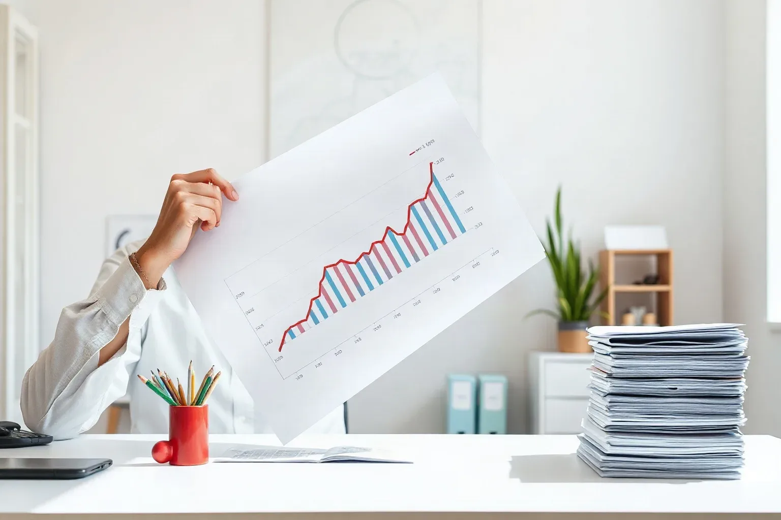 A business-casual professional at a single desk turning a printed bar and line graph showing upward traffic trends upside down momentarily and then righting it while making a note in the margin, a stack of keyword research printouts to one side