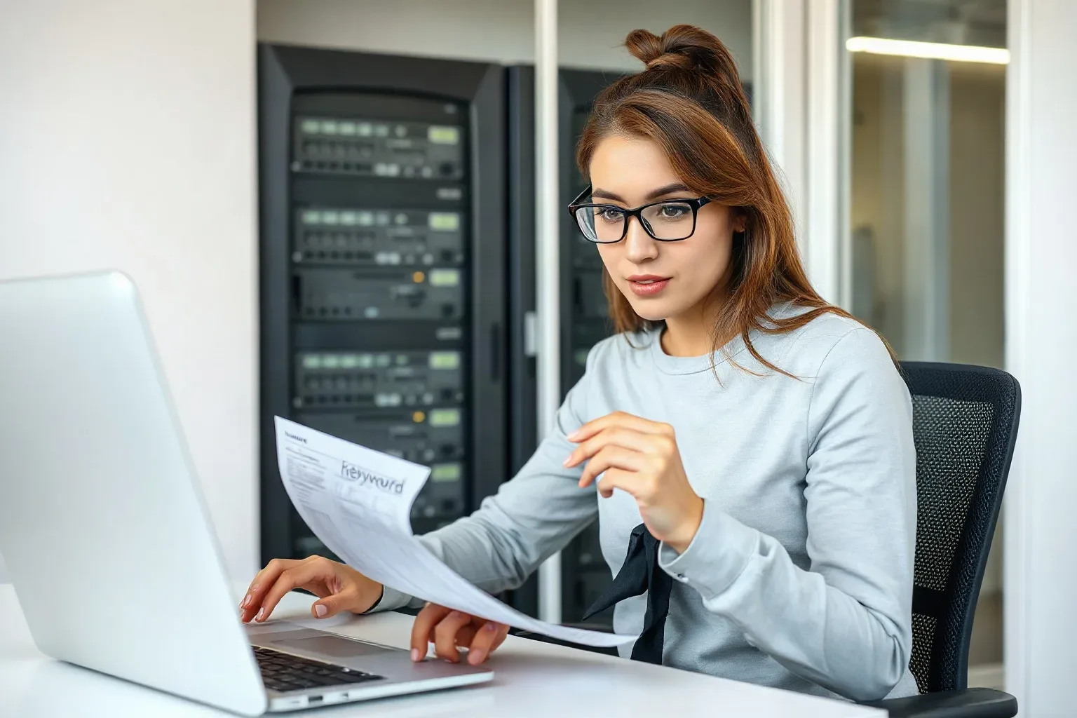 A person wearing glasses sits at a desk in a server room, typing on a laptop whilst holding a printed document