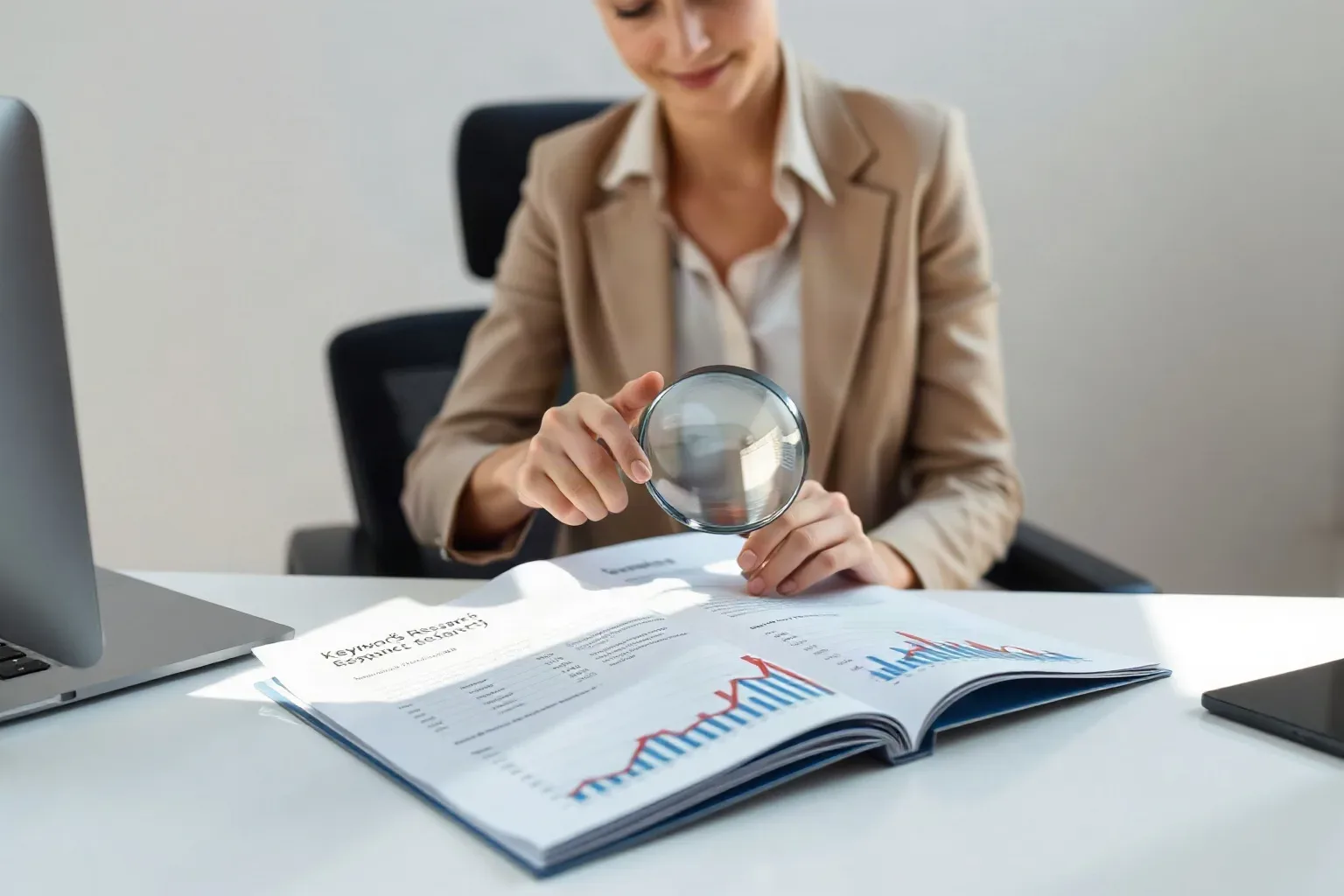 A business-casual professional seated at a focused desk placing a magnifying glass on a printed keyword research sheet to review impressions and click columns, a printed bar and line graph showing upward traffic trends open beneath the active page