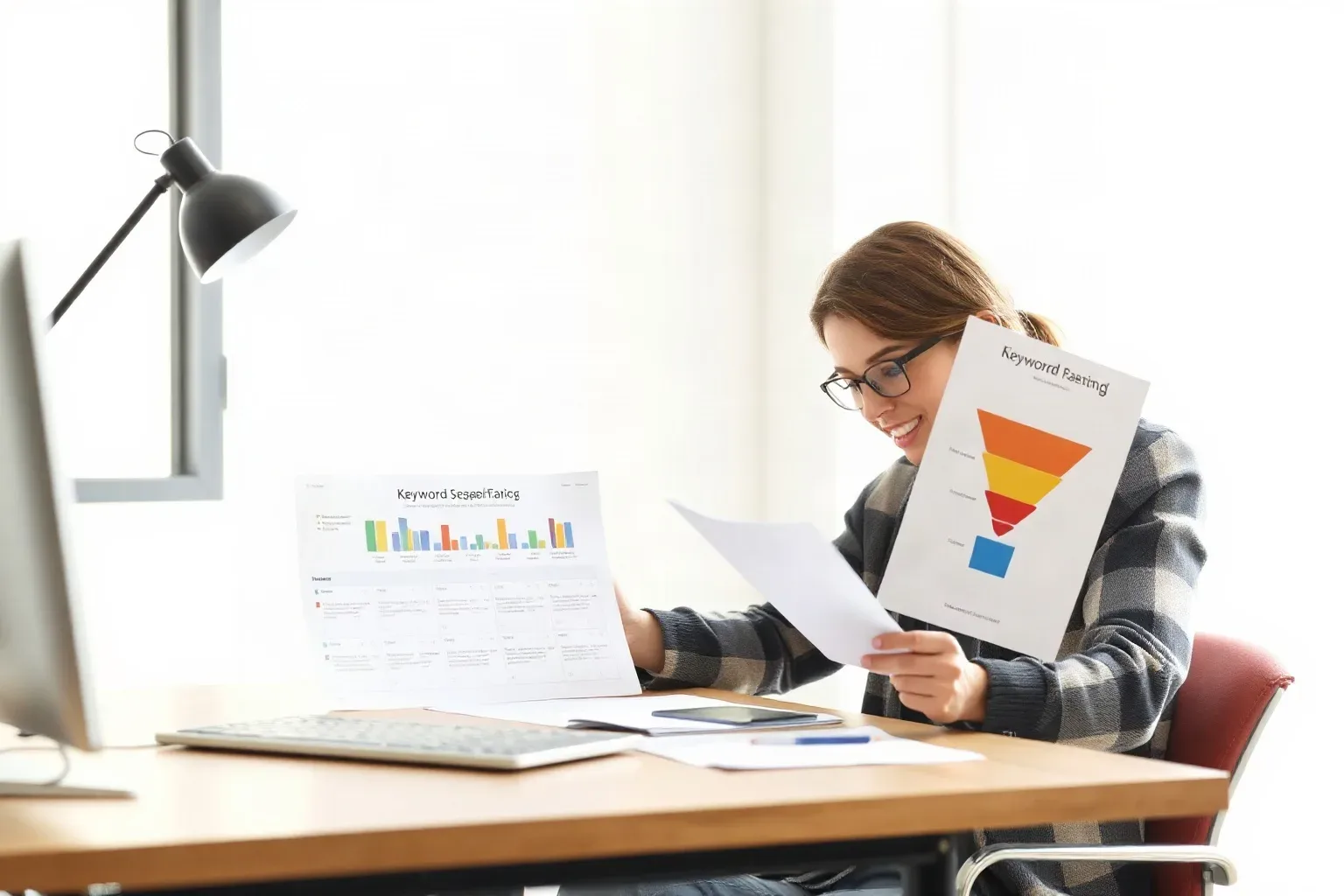 A seated analyst at a desk drawing a priority ranking beside each row on a printed keyword research sheet, then turning to consult a tiered funnel diagram printout to verify placement in the sales funnel