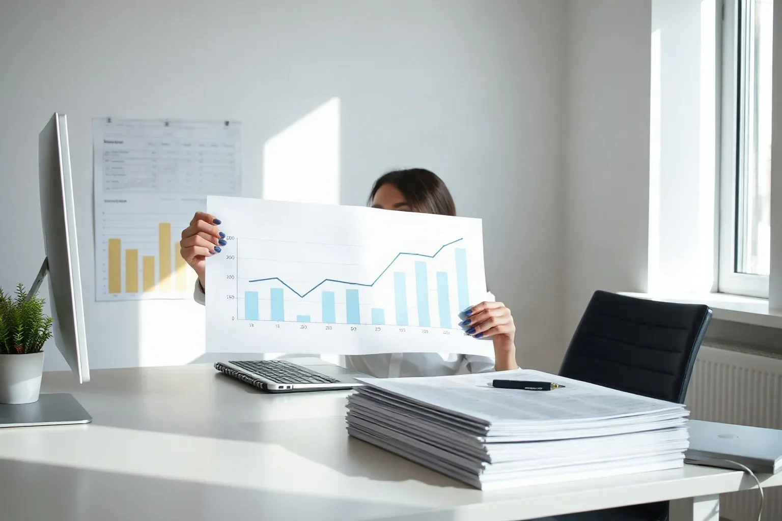 A marketing professional at a focused desk presenting a printed bar and line graph showing upward traffic trends across the desk surface as though demonstrating findings, a stack of keyword research printouts aligned neatly beside it in natural window light