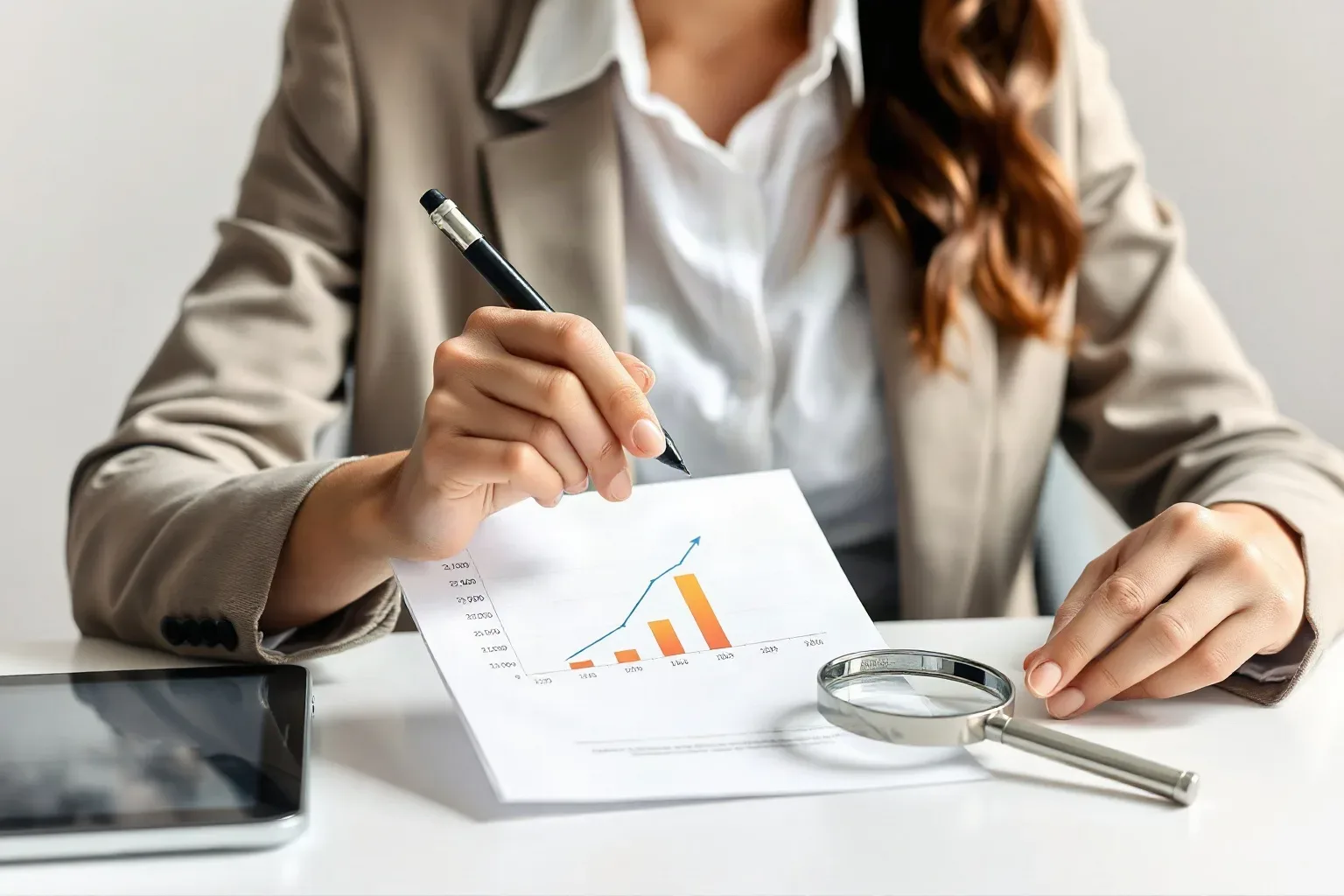A business-casual professional at a single focused desk using a pen to label three columns on a printed bar and line graph showing upward traffic trends, a magnifying glass resting beside the document