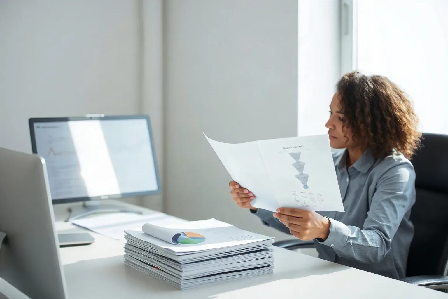 A seated analyst at a desk comparing a tiered funnel diagram printout against a stacked set of keyword research sheets, holding both documents open simultaneously on the desk surface