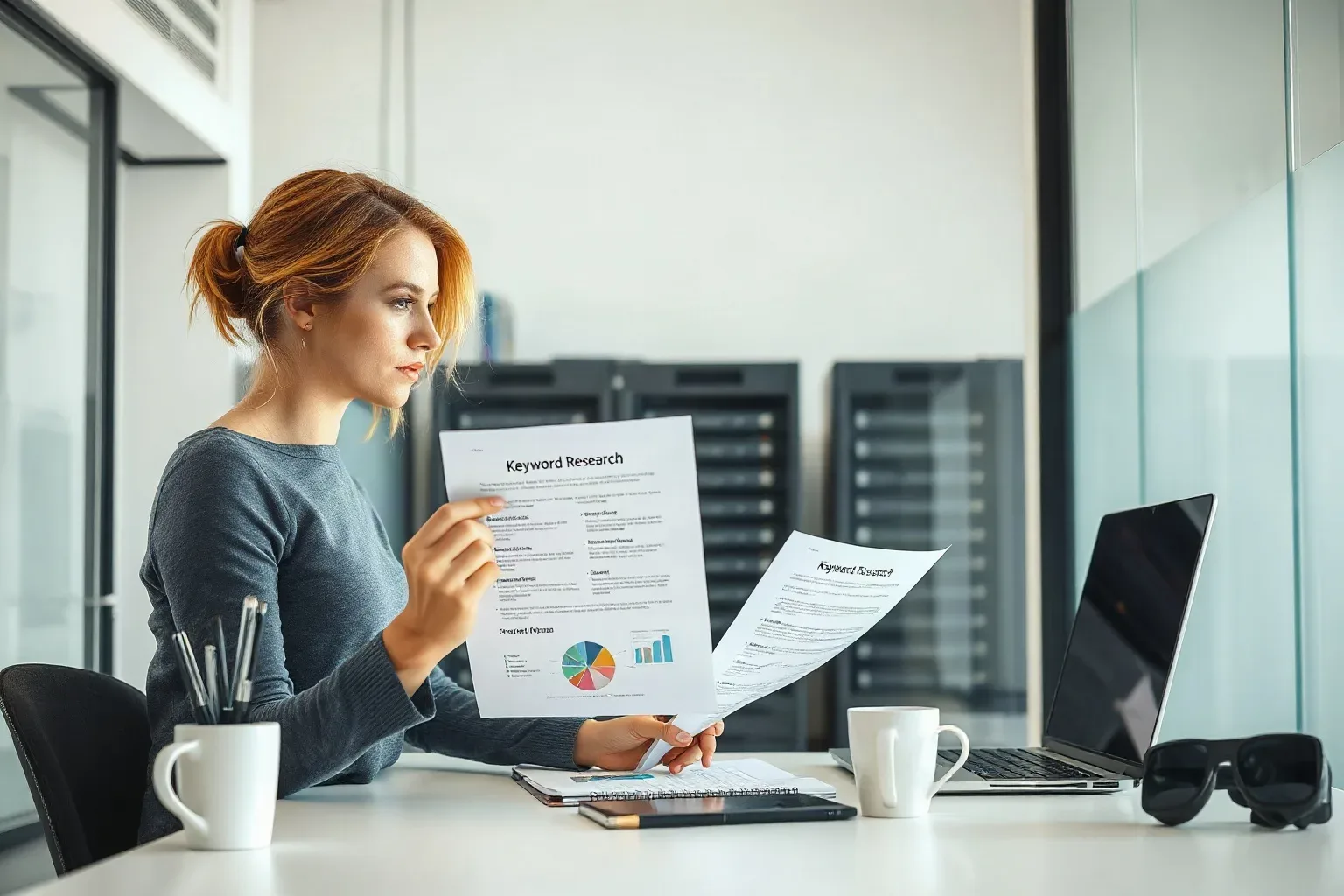 A marketing professional at a focused desk separating two printed keyword research sheets and placing one in front of the other, a server rack visible through the glass partition in the background