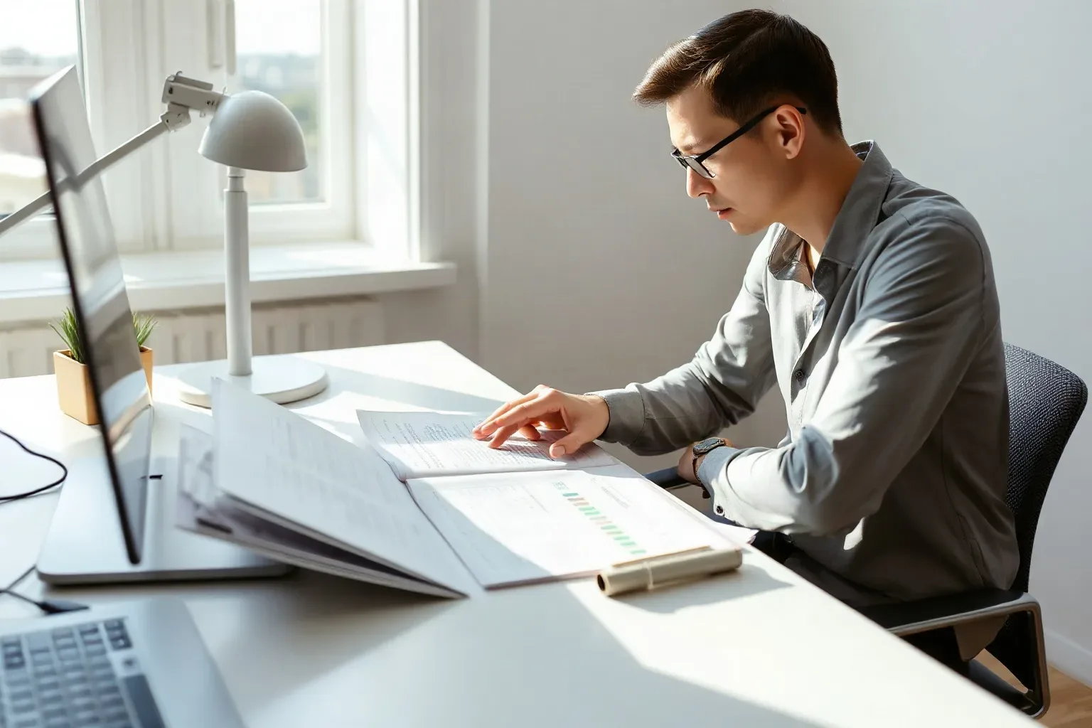 A person wearing glasses sits at a tidy desk reviewing printed documents containing charts, with a monitor and desk lamp nearby and natural light from a window behind