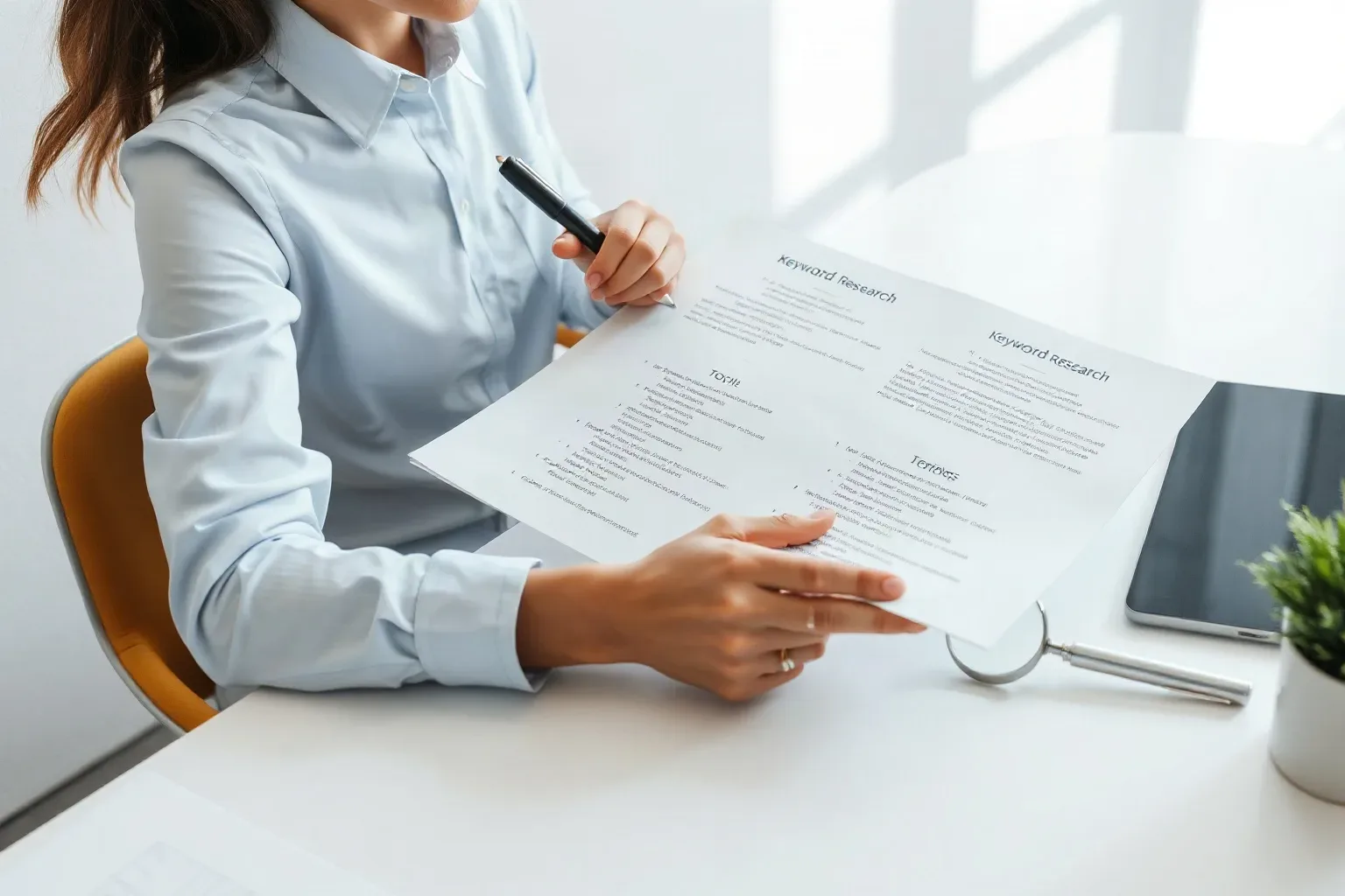 A person in a light blue shirt sits at a white desk holding printed documents and a pen, with a tablet and small plant nearby