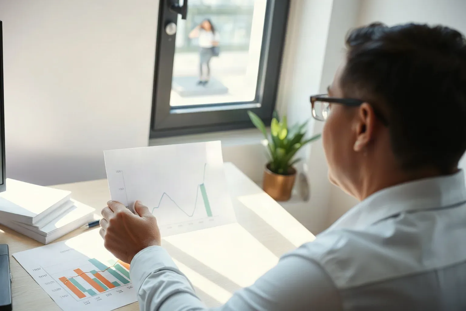 A seated analyst at a desk marking two vertical lines on a printed bar and line graph showing upward traffic trends to bracket a 60-to-90-day campaign window, natural window light falling across the chart