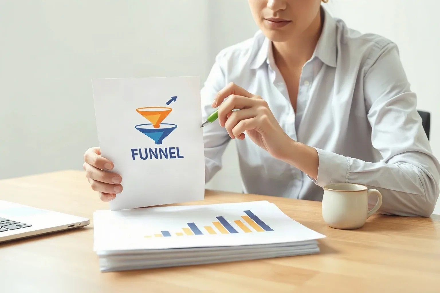 A marketing professional at a focused desk arranging a printed tiered funnel diagram next to a printed bar and line graph on the desk, using a pen to draw a correspondence arrow from a funnel stage to a matching bar on the chart