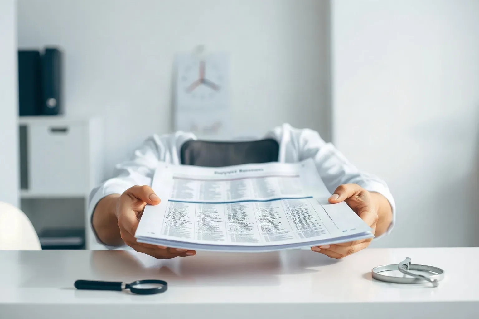 A person in a white shirt holds up several printed sheets covered in dense columnar data, with a magnifying glass and glasses resting on a white desk in front of them