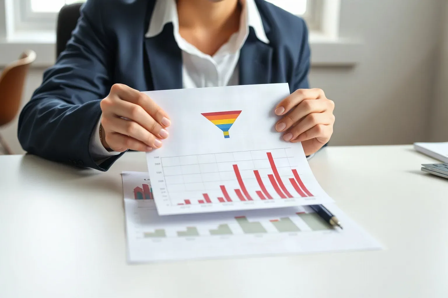 A seated professional in business casual at a single desk placing a printed tiered funnel diagram directly over the lower half of a printed bar and line graph showing upward traffic trends to isolate the upper data section for review