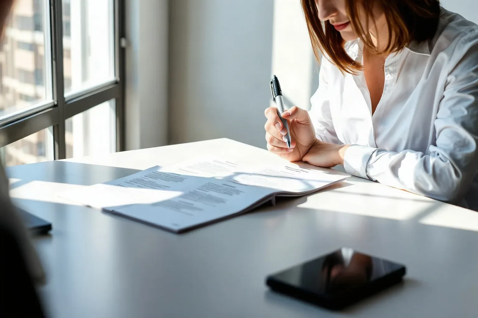 A person in a white shirt sits at a desk reviewing printed documents with a pen in hand, natural light coming through a nearby window