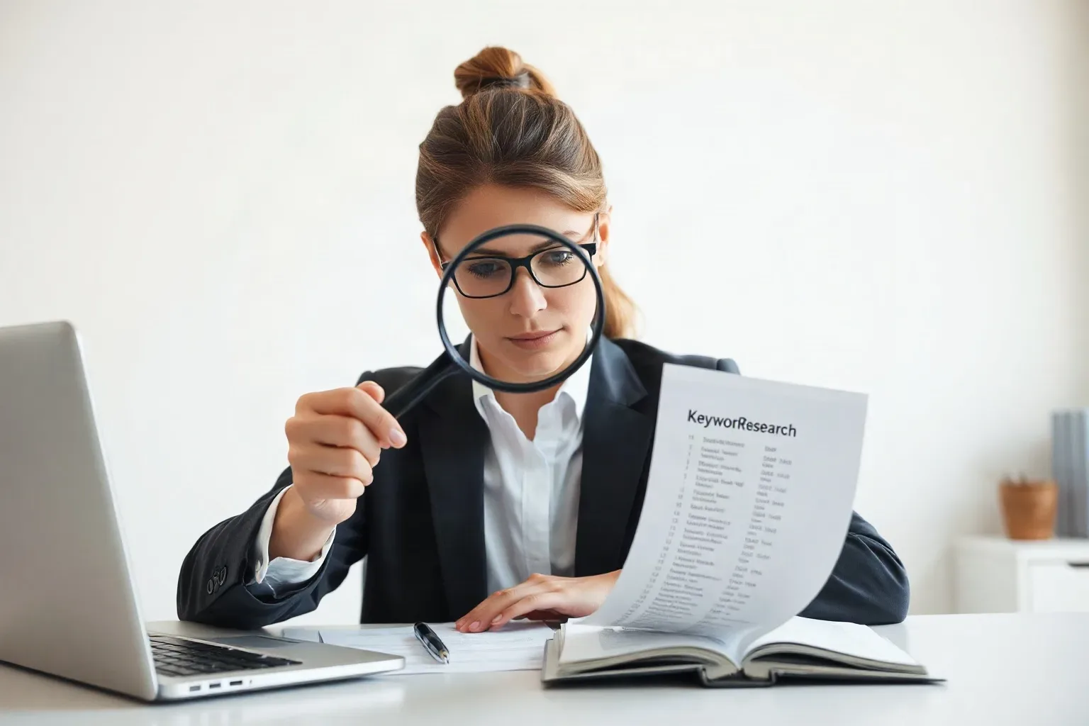 A person in a dark blazer holds a magnifying glass over a printed document headed 'Keyword Research' whilst seated at a desk with an open notebook and a laptop