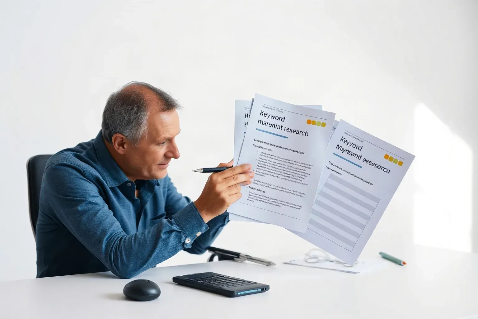 A person seated at a desk reviews a fan of printed documents and points to text with a pen, with a keyboard and mouse visible on the desk