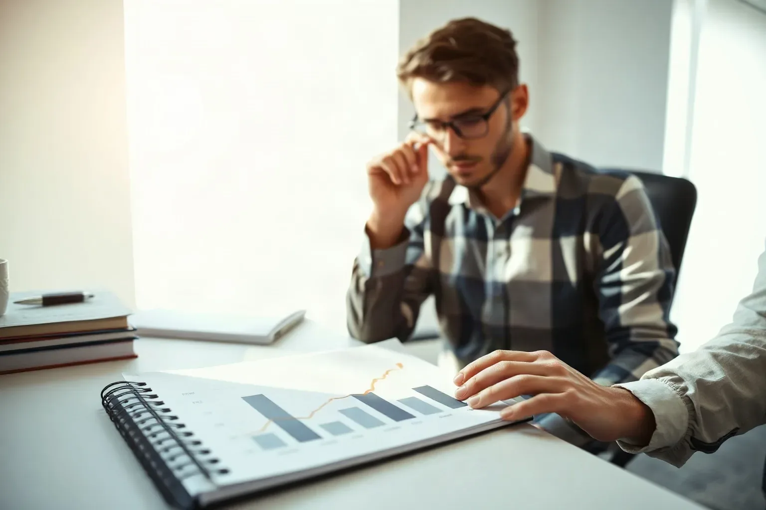 A business-casual analyst seated at a desk tracing the rising line on a printed bar and line graph showing upward traffic trends with a fingertip, a tiered funnel diagram printout resting on the desk just to the side