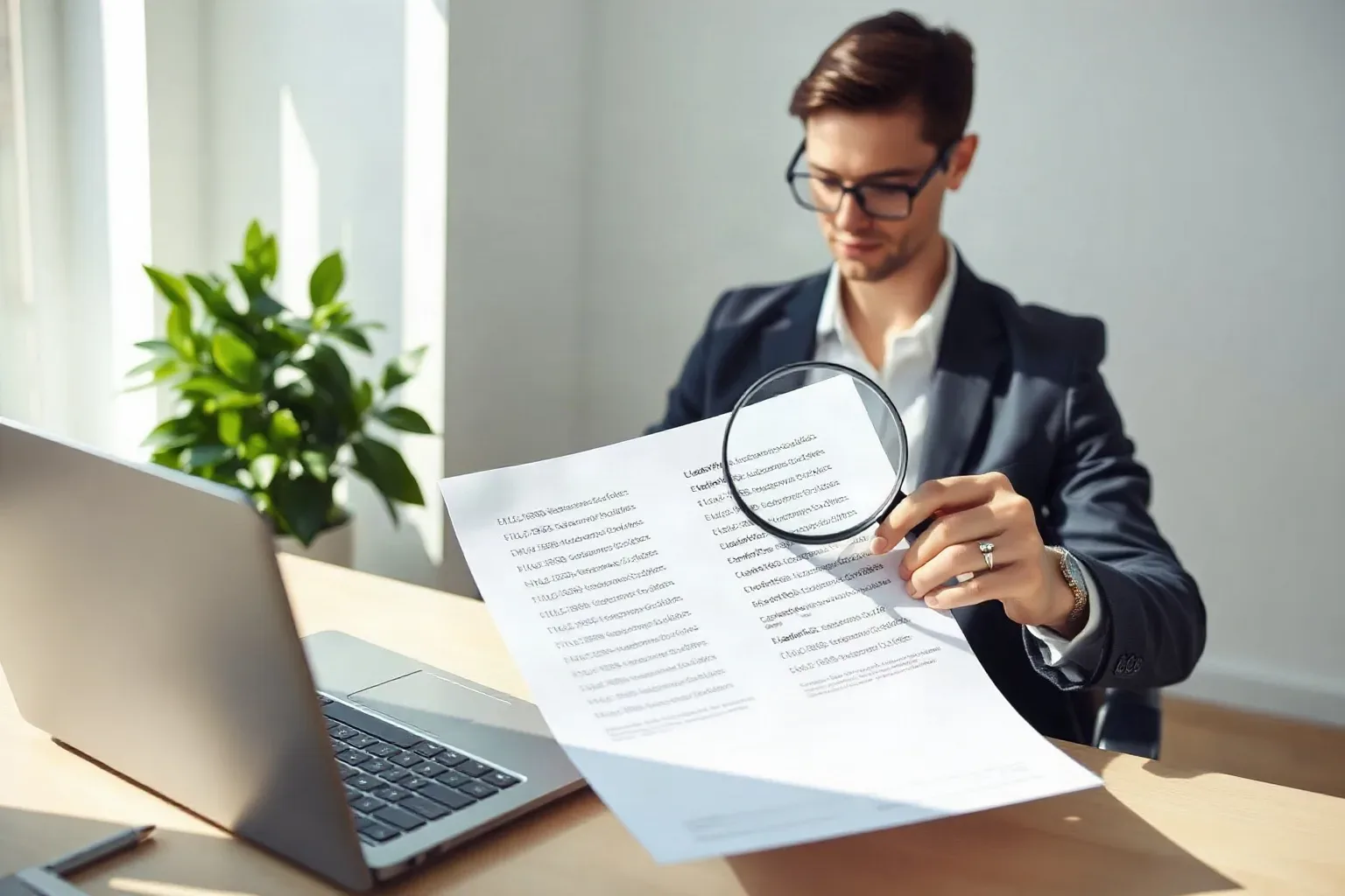 A person in a dark blazer sits at a desk using a magnifying glass to examine a printed document, with an open laptop nearby and a plant in the background