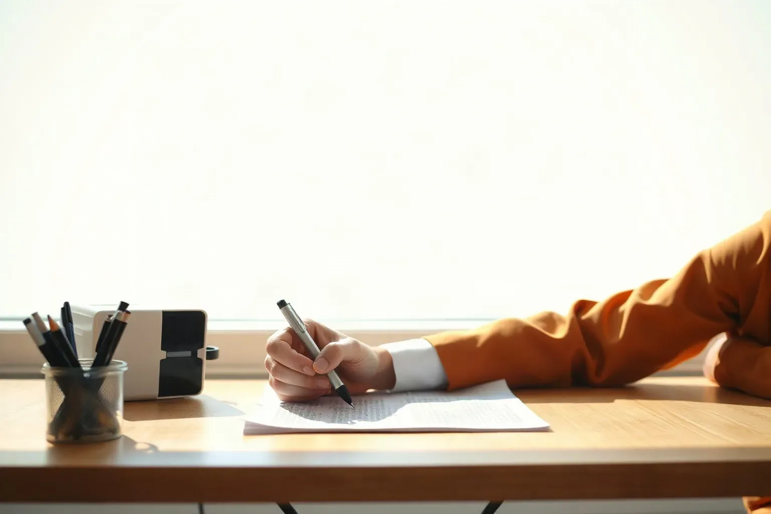 A person in an orange jacket writing on printed papers at a wooden desk, with a pencil holder and small device beside them