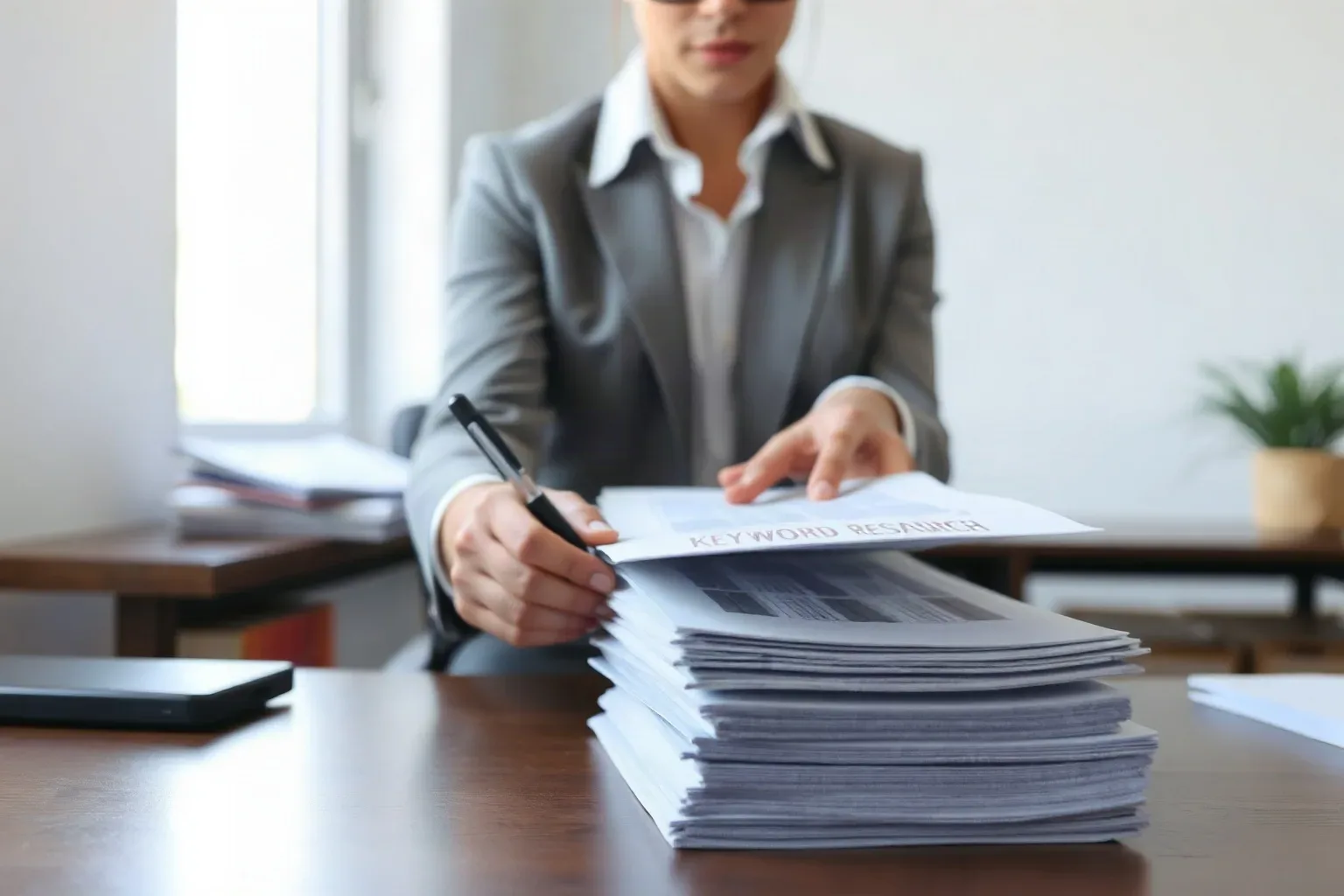 A person in a grey blazer sits at a desk, holding a pen and leafing through a large stack of printed documents