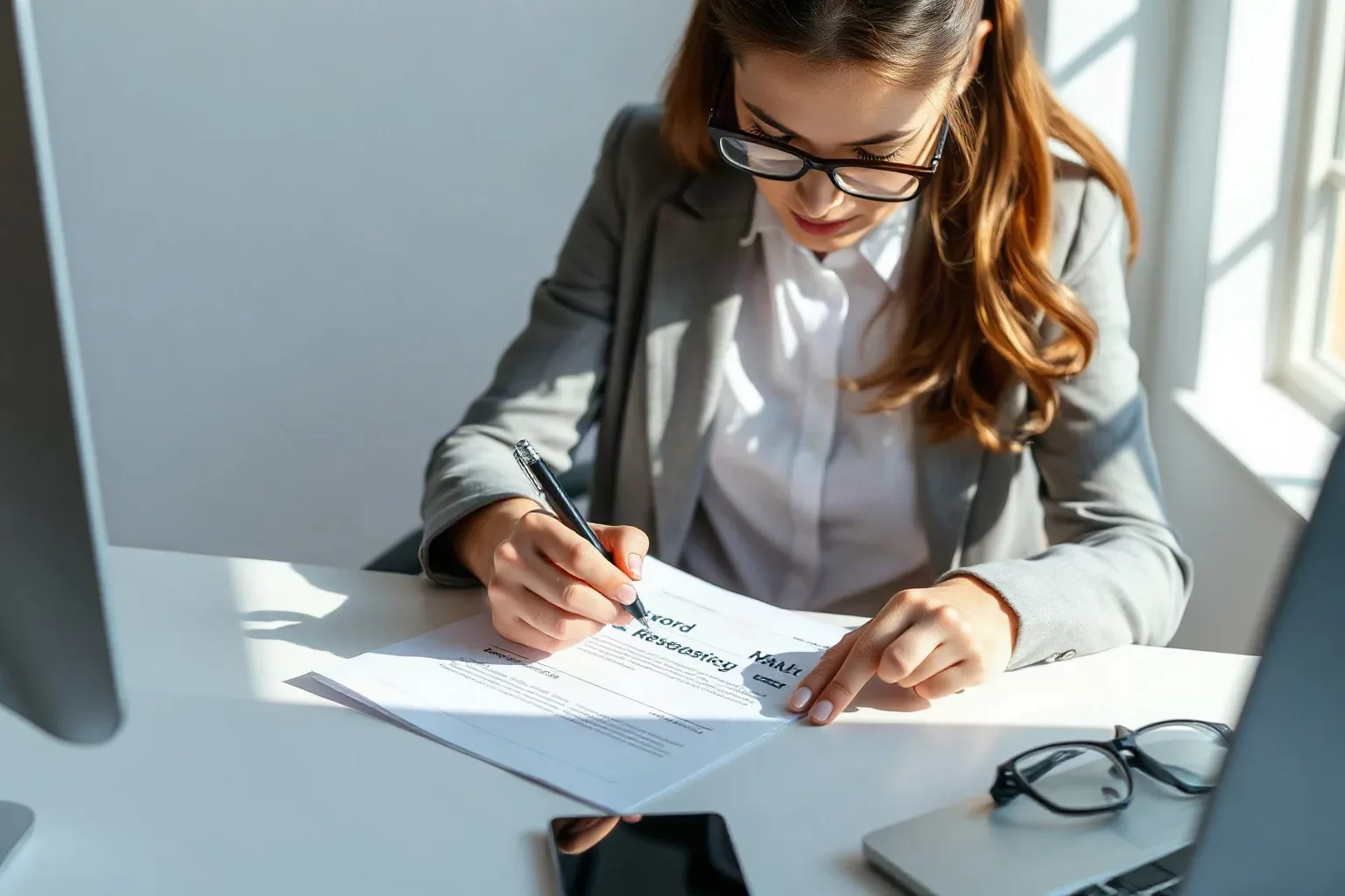 A person in a grey blazer and glasses signs or annotates printed documents at a white desk beside a window