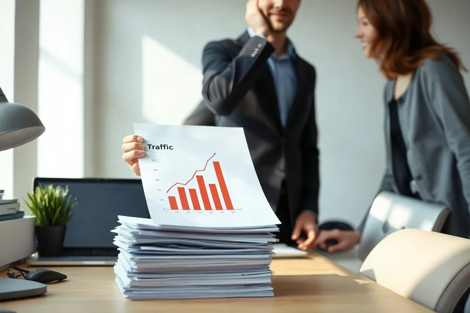 Two people stand at a desk holding up a printed bar and line chart labelled 'Traffic' showing an upward trend, beside a large stack of papers