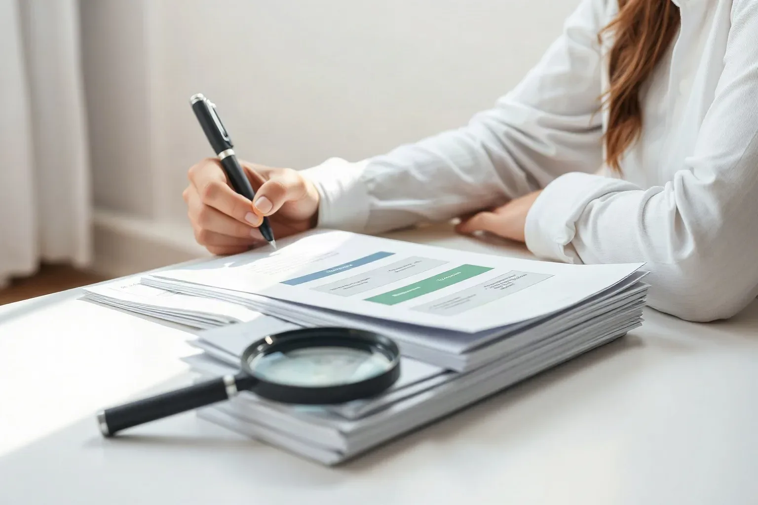 A seated analyst at a desk writing a note in the margin of a printed tiered funnel diagram, with a magnifying glass resting on stacked keyword research printouts just within arm's reach