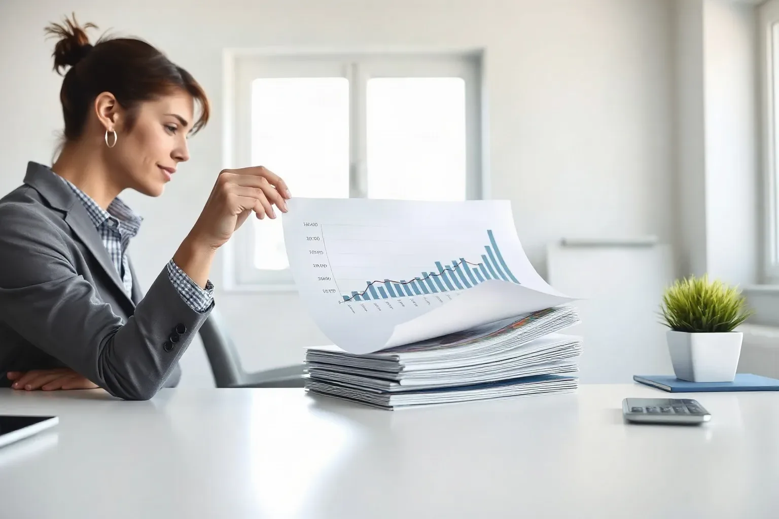 A professional in business casual at a single desk sliding a printed bar and line graph sheet out from under a stack of keyword research printouts to review a highlighted data curve