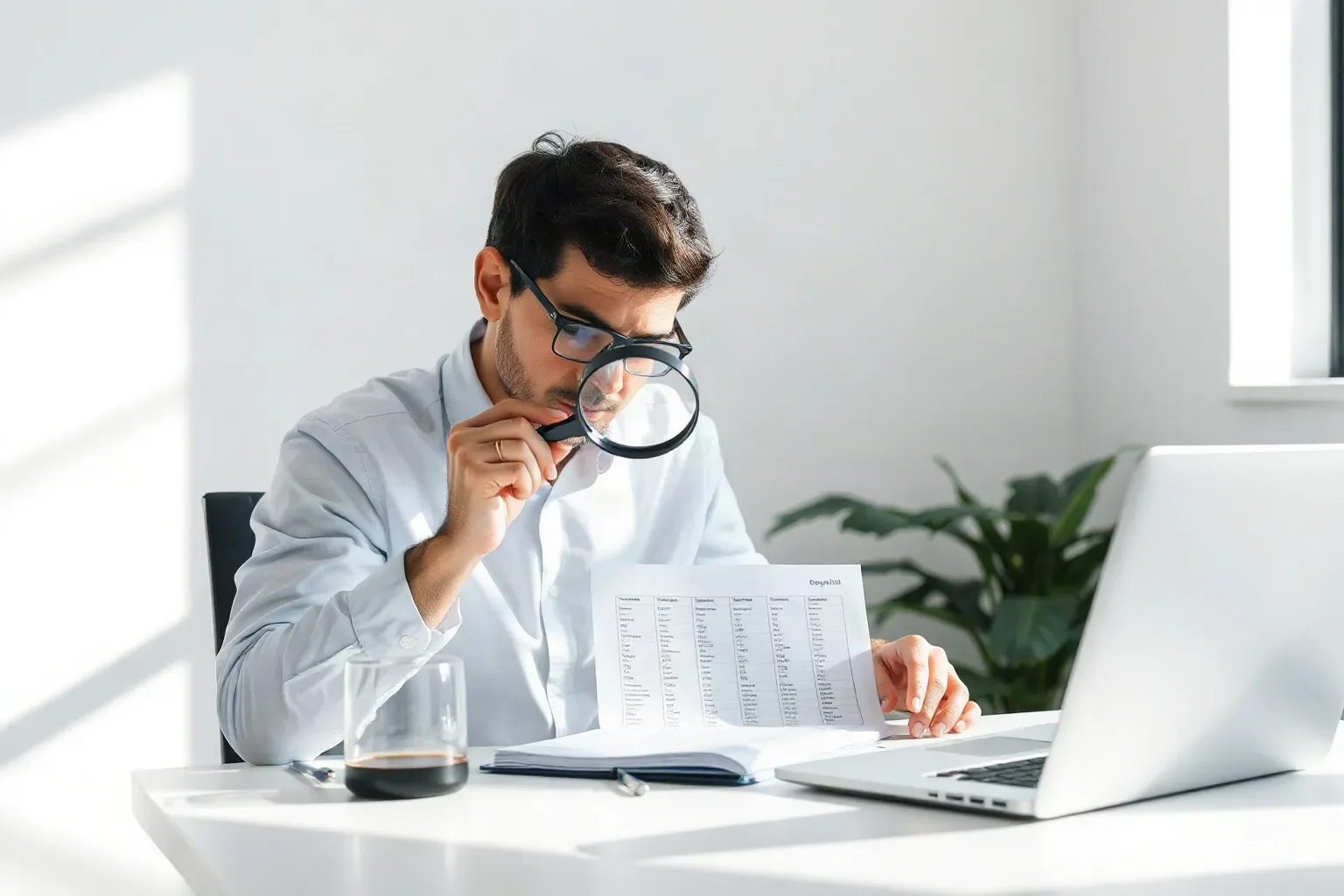 A person wearing glasses uses a magnifying glass to examine a printed document at a desk, with a laptop and a glass of water nearby