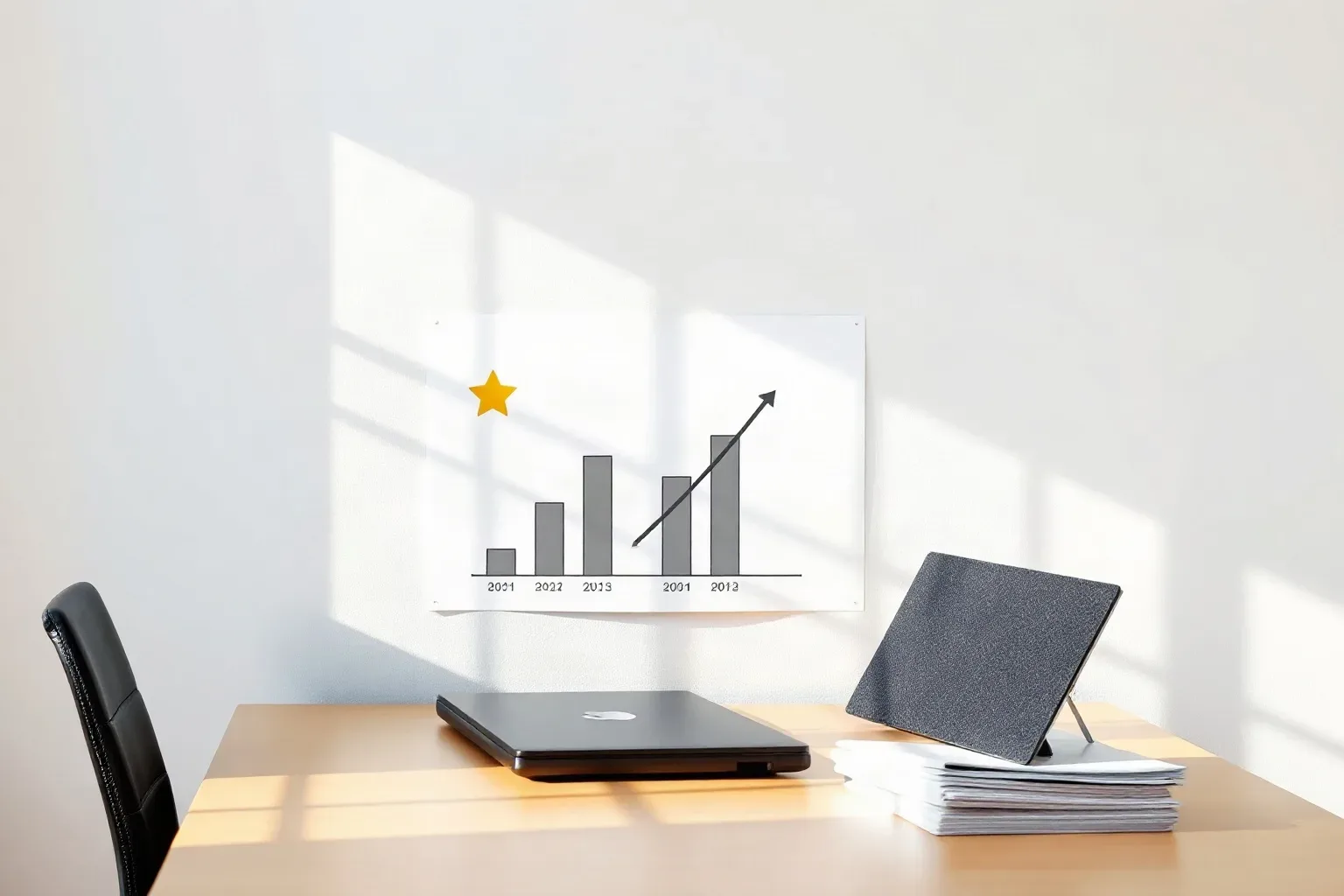 A desk holds a closed laptop and a tablet on a stand beside stacked papers, with a bar chart poster on the wall behind showing an upward trend across several years