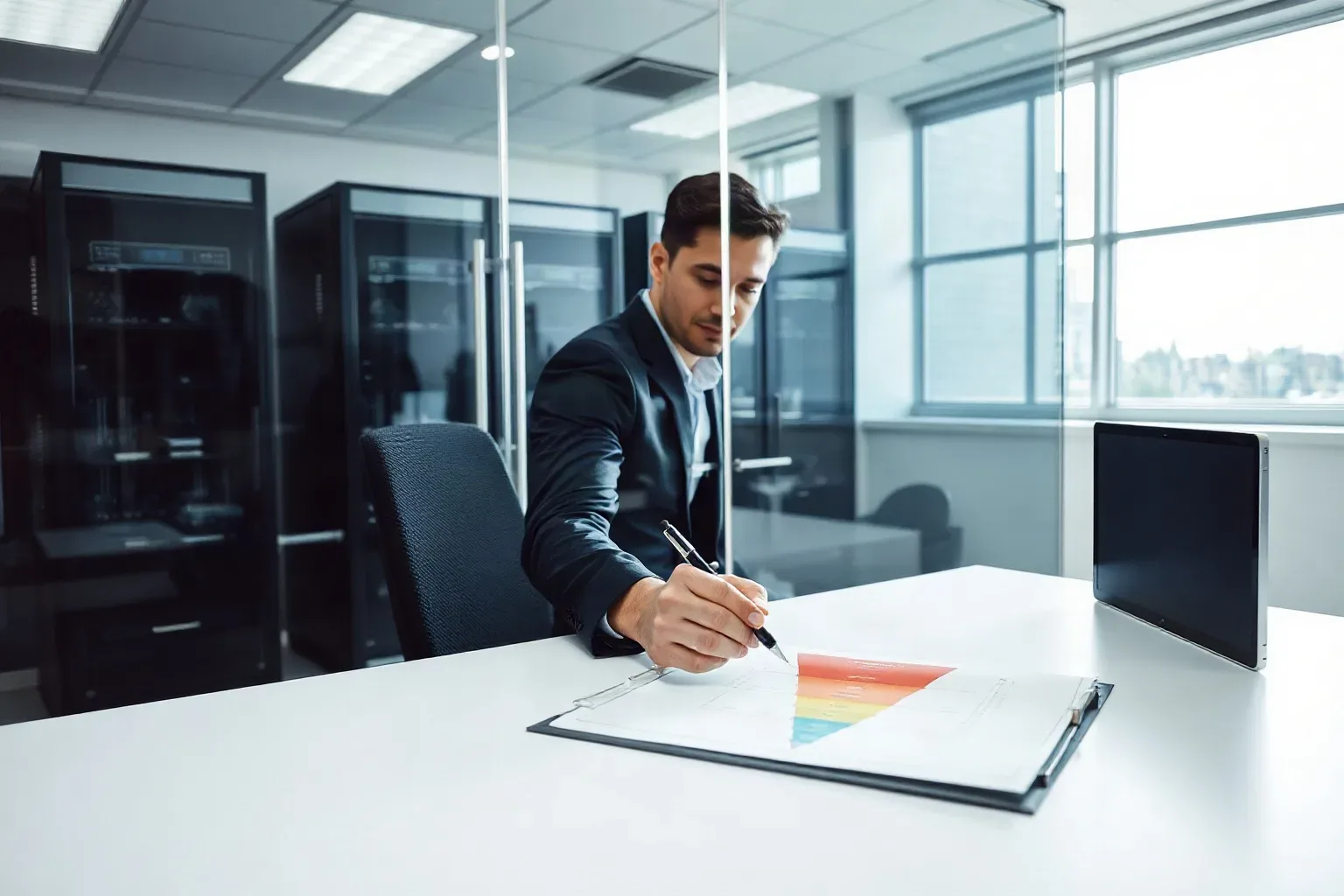 A marketing analyst seated at a desk turning to look at a server rack visible through the glass partition while tapping a pen thoughtfully against a printed tiered funnel diagram lying open on the desk surface