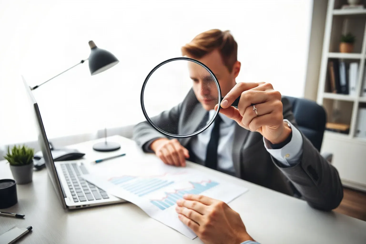 A business-casual professional at a focused desk using a magnifying glass to read the smallest font in the legend area of a printed bar and line graph showing upward traffic trends, one hand holding the lens steady above the chart