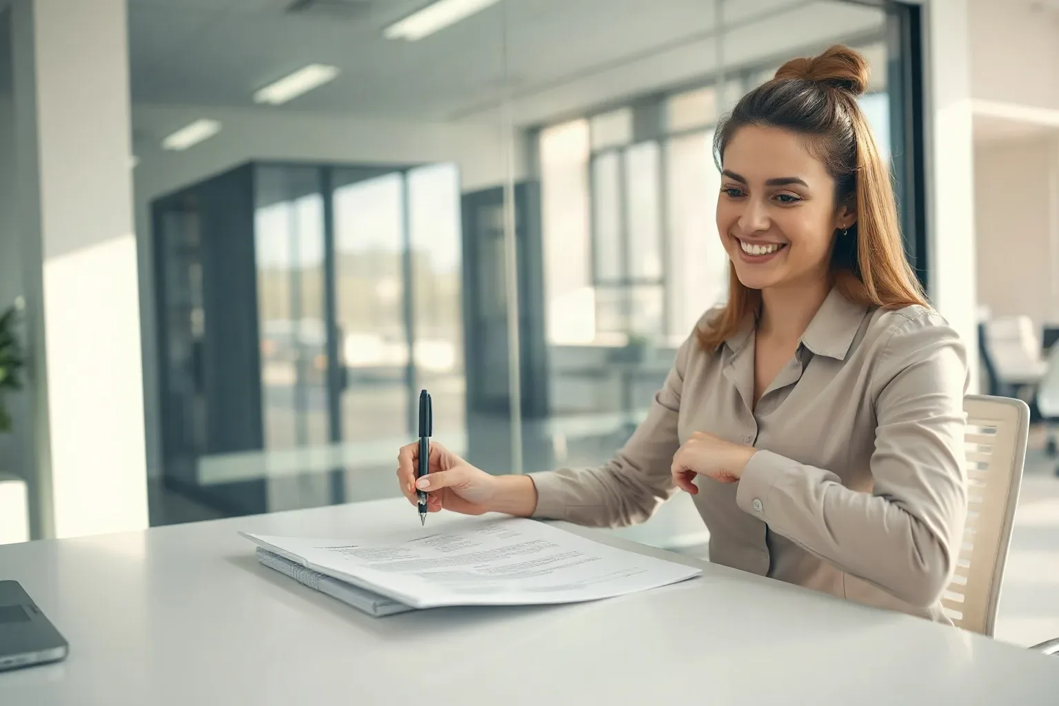 A person sits at a white desk in a bright office, smiling whilst pointing a pen at a document on the desk