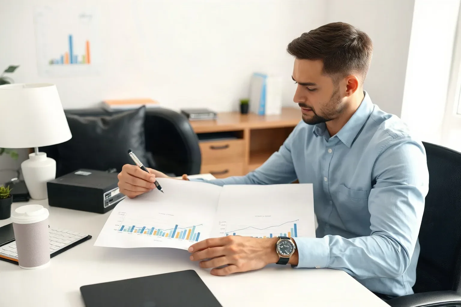 A seated analyst at a desk comparing two printed bar and line graph sheets showing upward traffic trends placed end to end, marking matching time intervals on each with a pen