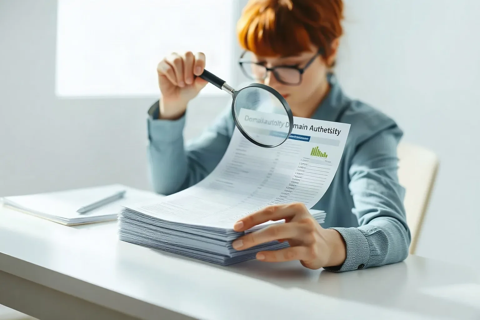 A marketing professional at a single desk pressing a magnifying glass over the domain-authority column of a stacked keyword research printout, using a free hand to steady the stack on the desk surface