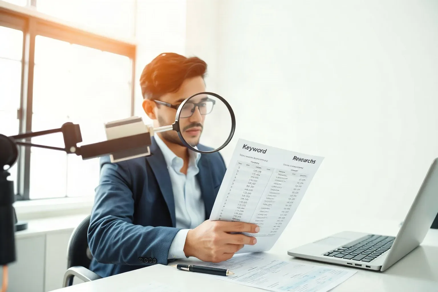 A professional analyst at a single desk lifting a magnifying glass over a stack of keyword research printouts to examine a specific row of ranking figures in the top sheet