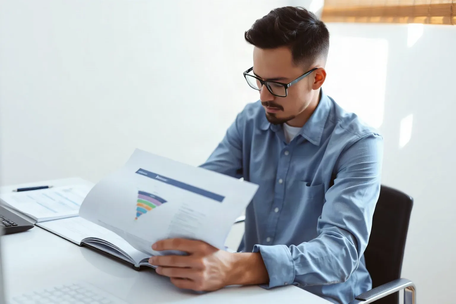 A business-casual analyst seated at a desk turning the page of a printed report that contains a tiered funnel diagram, with natural window light falling across the open document