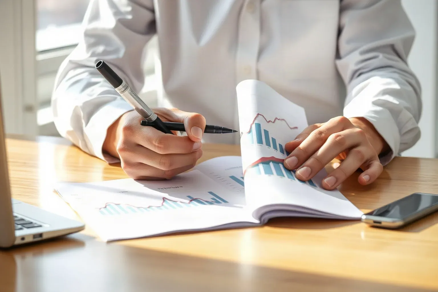 A professional analyst arranging several printed bar and line graph sheets side by side on a desk, using a pen to annotate an upward traffic trend visible on the top page