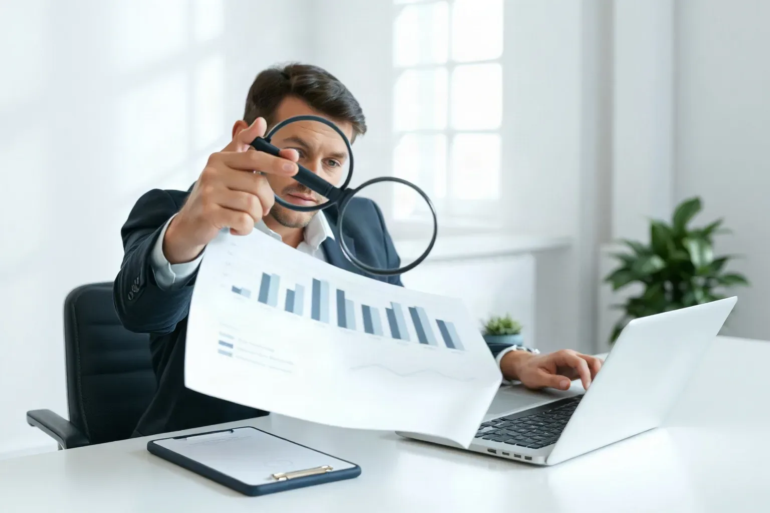 A business-casual professional seated at a desk pulling a magnifying glass slowly across a printed bar and line graph to focus on a cluster of low-volume data bars at the left edge of the chart