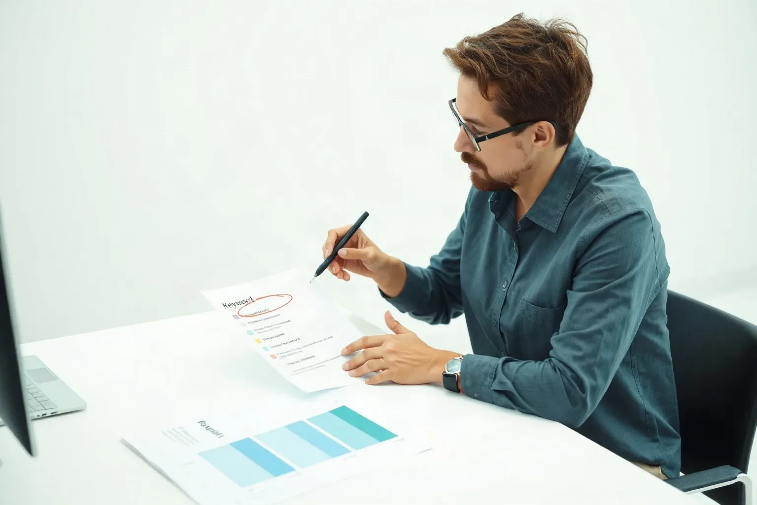 A seated analyst at a focused desk drawing a circle around a specific line item on a printed keyword research sheet, a tiered funnel diagram printout visible beneath the active document