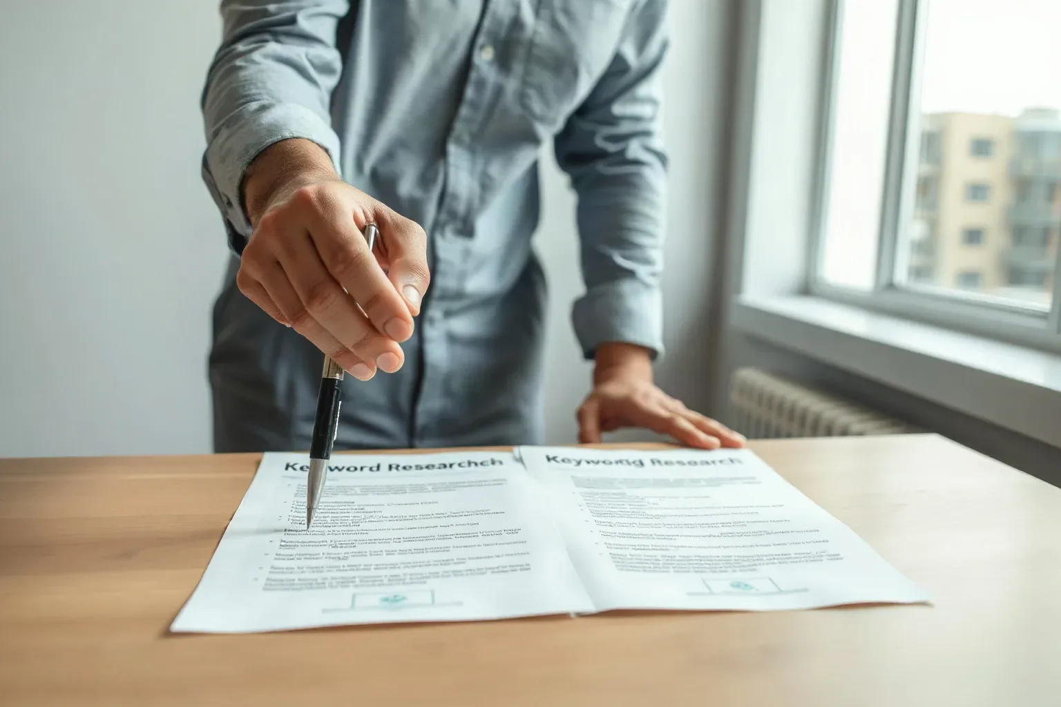 A person leans over a wooden desk, pointing at printed documents with a pen, beside a window in an office setting