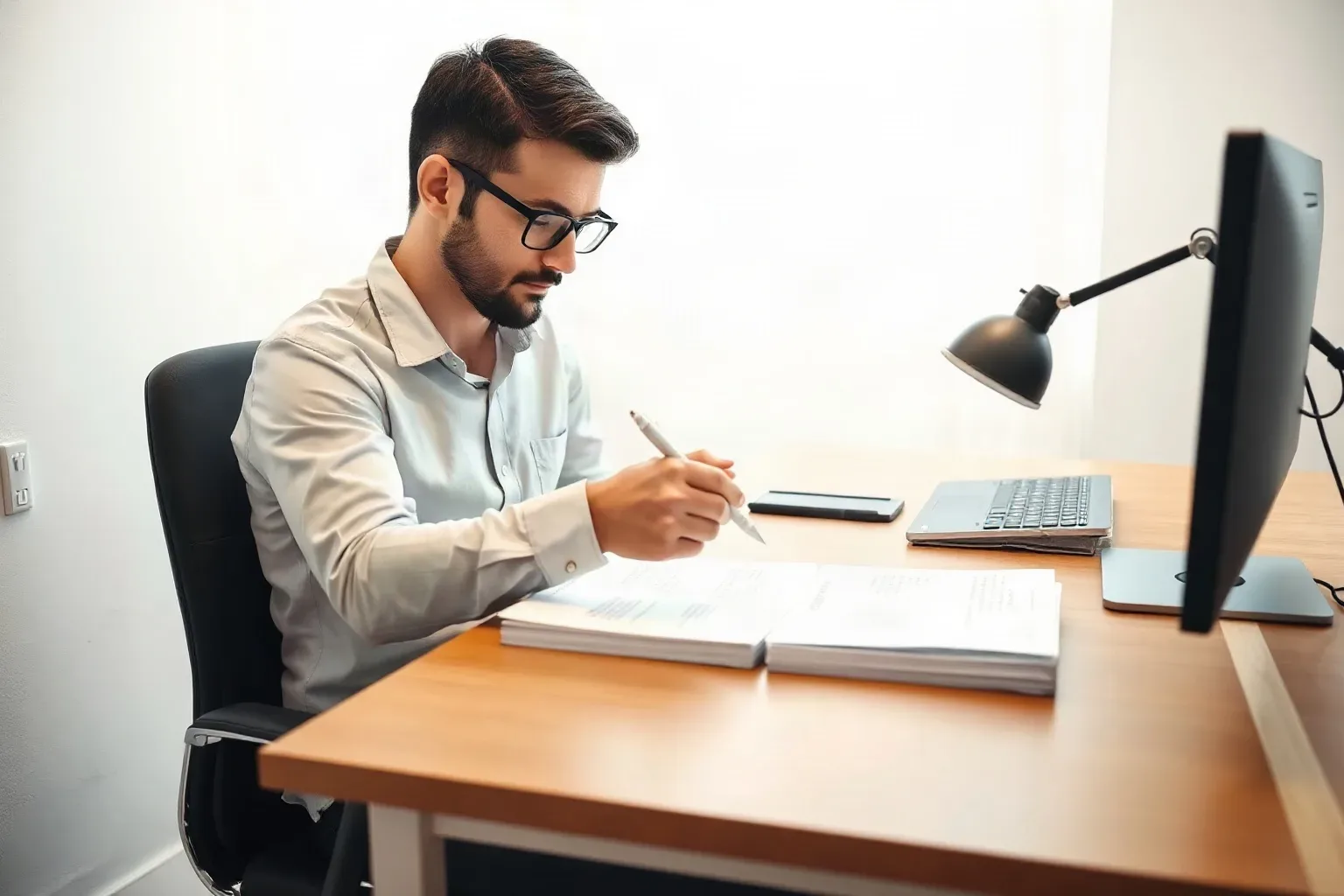 A person wearing glasses sits at a wooden desk, writing in an open document with a pen, with a monitor, laptop, and desk lamp nearby