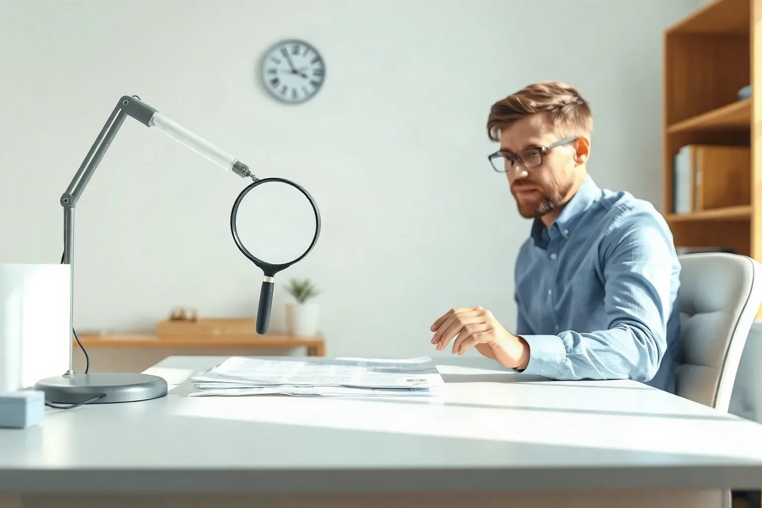 A person wearing glasses sits at a white desk in an office, reviewing papers, with a magnifying glass on an adjustable arm stand in the foreground