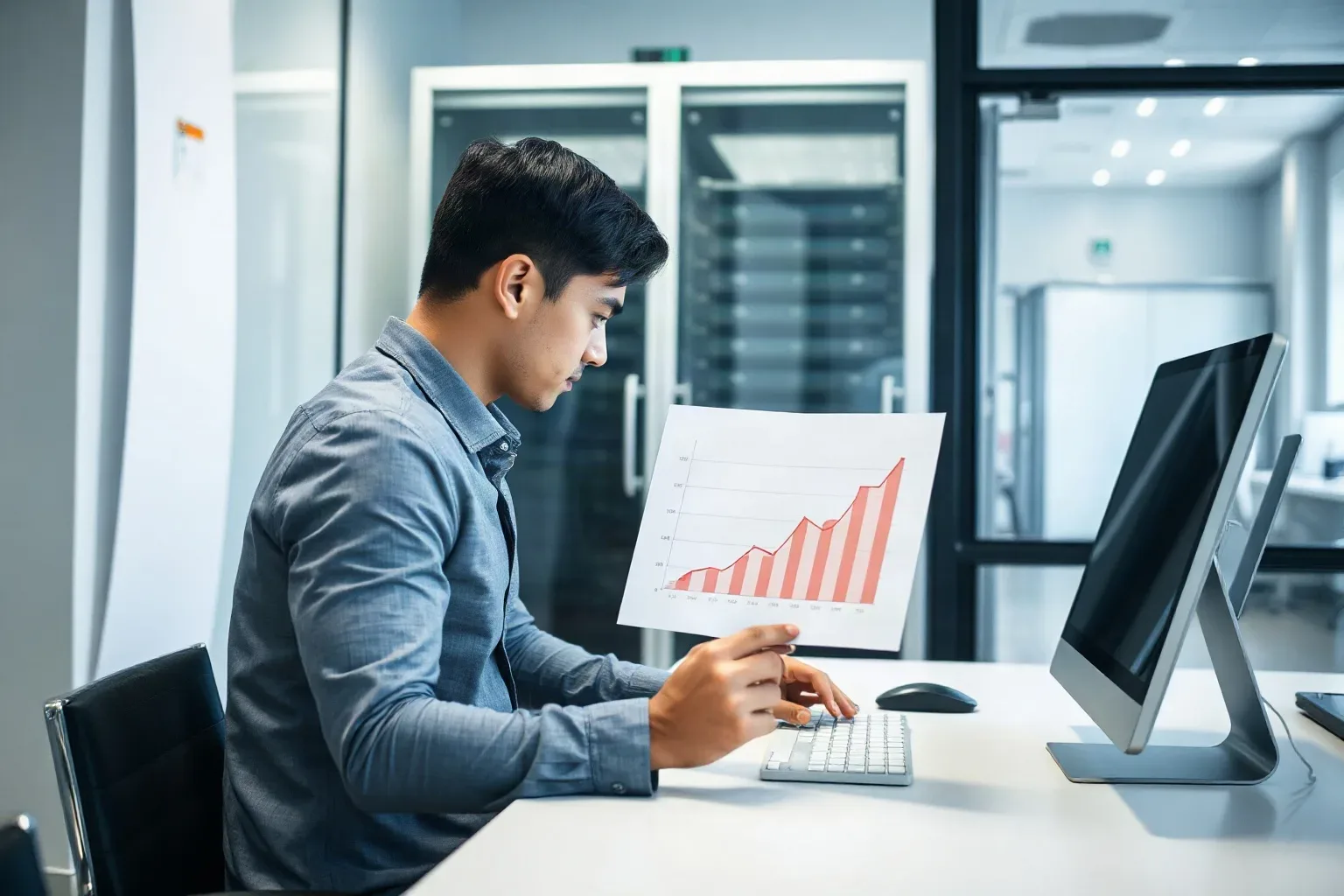 A professional in business casual at a focused desk turning to glance at a server rack visible through the glass partition while one hand keeps a printed bar and line graph showing upward traffic trends pinned flat on the desk